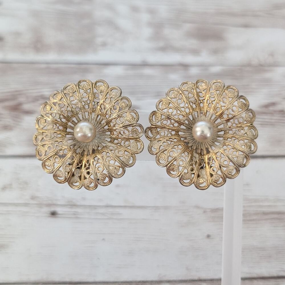 Vintage Charmcraft Clip On Earrings Large Antique Gold Tone with Faux Pearl